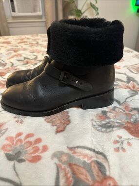 rag & bone Black Leather Fur-Cuff Ankle Boots